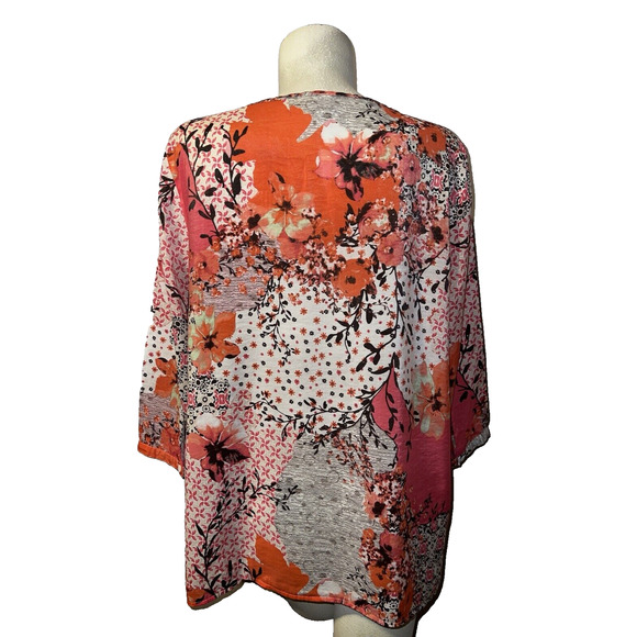 CHICO'S Top XL (3) Orange Pink Brown Floral Rayon Nylon Popover V-Neck Tunic - Picture 5 of 6